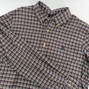Ralph Lauren Mens Large Plaid Button Down Shirt Burgundy Blue Long Sleeve Cotton